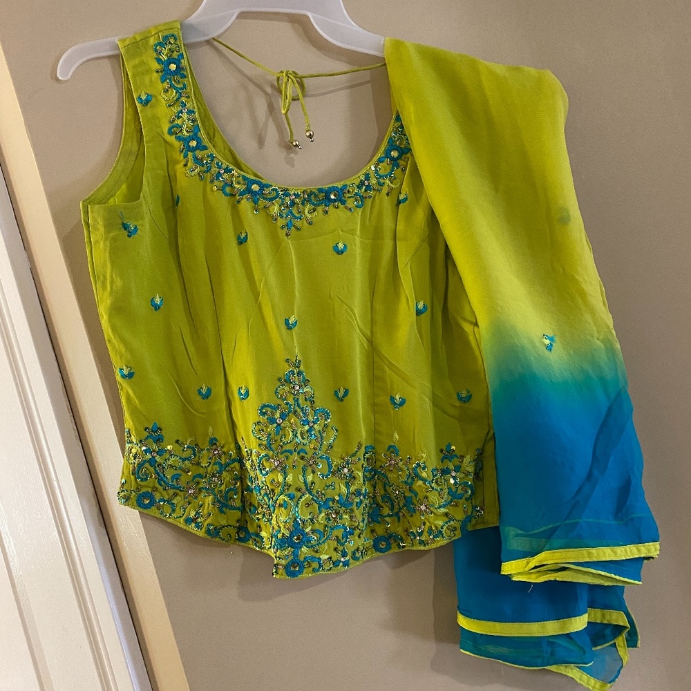 Indian / Pakistani Lengha Lime green and Blue - Size 6